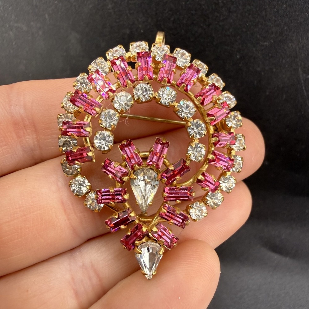 Vintage Antoinette Brooch Watch Fob Holder Gold Filled PInk Rhinestone